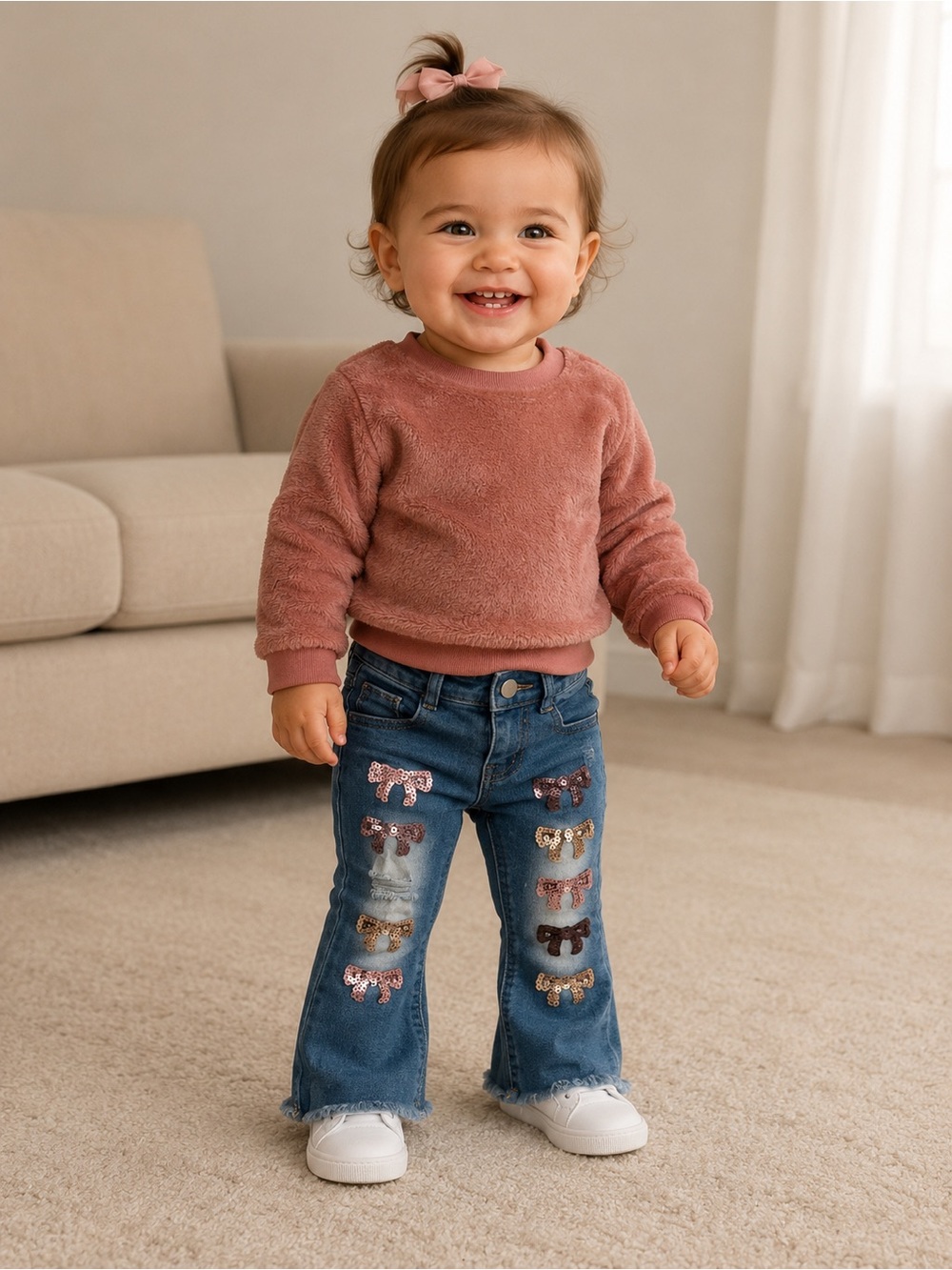 Disney Pink Sweater with Blue Denim Jeans Set with Multicolor Sequin Bows 12M